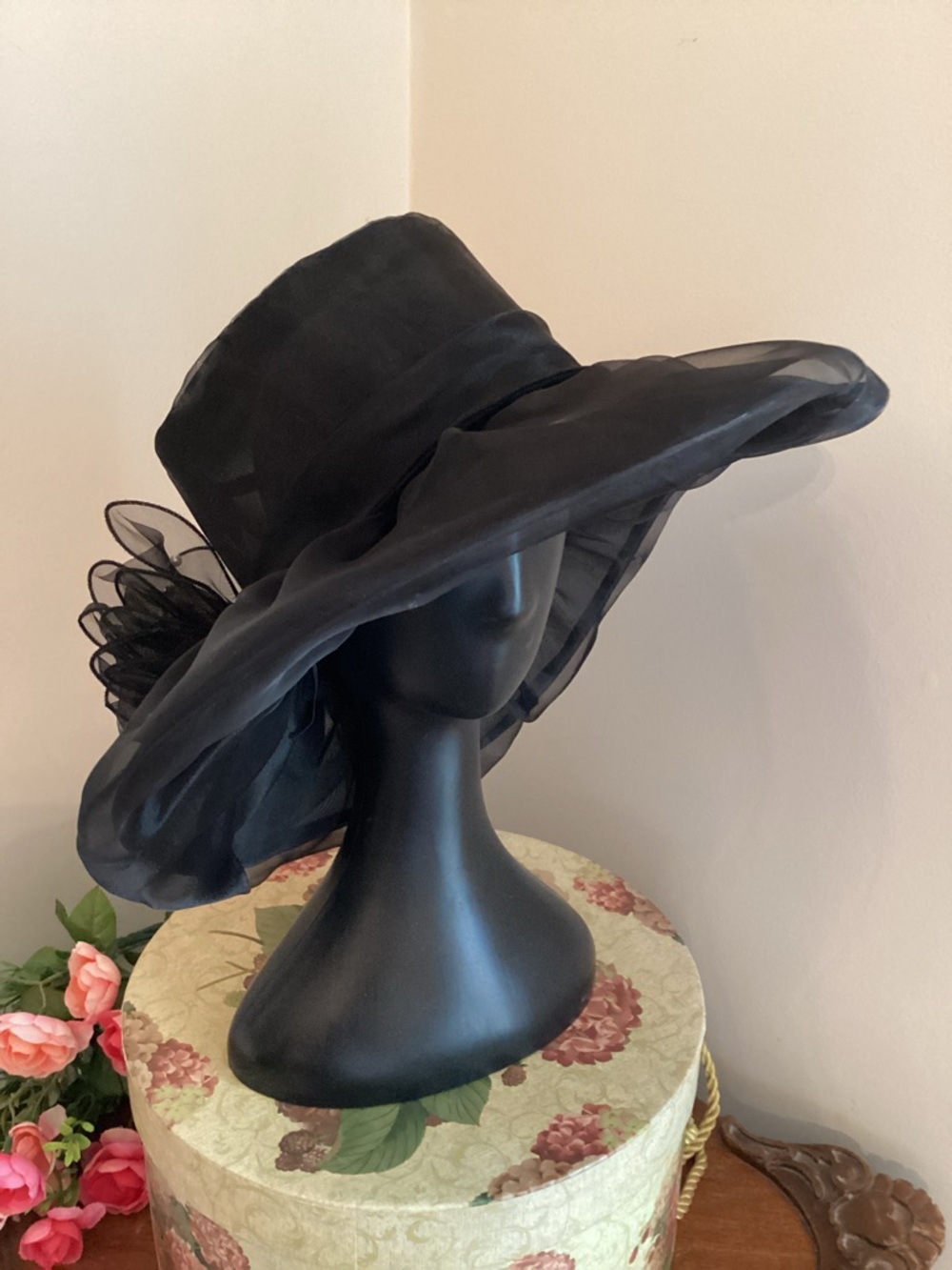 🌹Kentucky derby Tea Party Black Organza Fascinator Sun Hat W/pearl Accented Bow